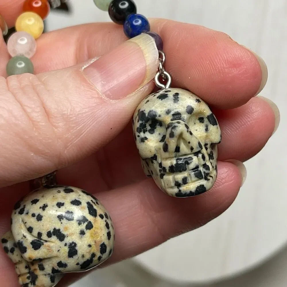 Dalmatian jasper skull carving key chain key ring 7 chakra beads rainbow
